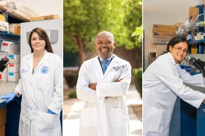 Kristina Martinez-Guryn, Ph.D., RD, Adebayo James Molehin, Ph.D., M.S., and Gwendolyn Pais, Ph.D., Research Assistant Professor in white coats.