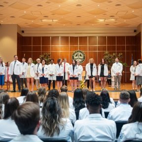 Students on the stage having their white coats put on