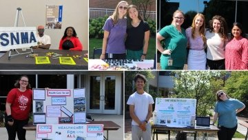 Collage of students at their tables with information about their organizations.