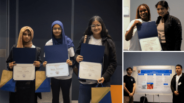 Mini Medical School collage image with the winners holding their awards, mentor and student holding the participation certificate, and a student and a mentor standing by their case study poster presentation.