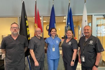 Midwestern Staff and Faculty Military Veterans who work at thse Dental Institute, from left to right: Don Touvell, Dental Lab Coordinator; Wes Reynolds, Dental Lab Manager; Melanie Bauer, D.M.D., Asistant Professor; Ashley Madern, D.M.D., Assistant Professor; Larry Johns, D.D.S., M.S.D., Assistant Professor