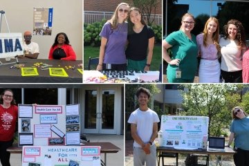 Collage of students at their tables with information about their organizations.