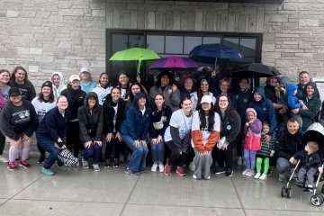 Participants from the Speech-Language Pathology Program gather for a group photo at the Chicago Walk for Apraxia