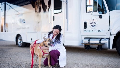 student with dog in front of a mobile unit van