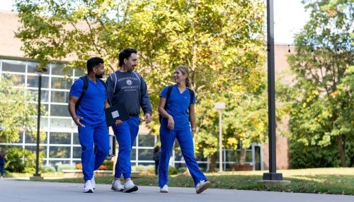 Three students walking around the Downers Grove campus.