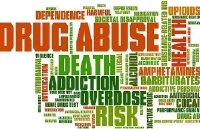 Collage of words including drug abuse, death, addiction, overdose, risk, etc.